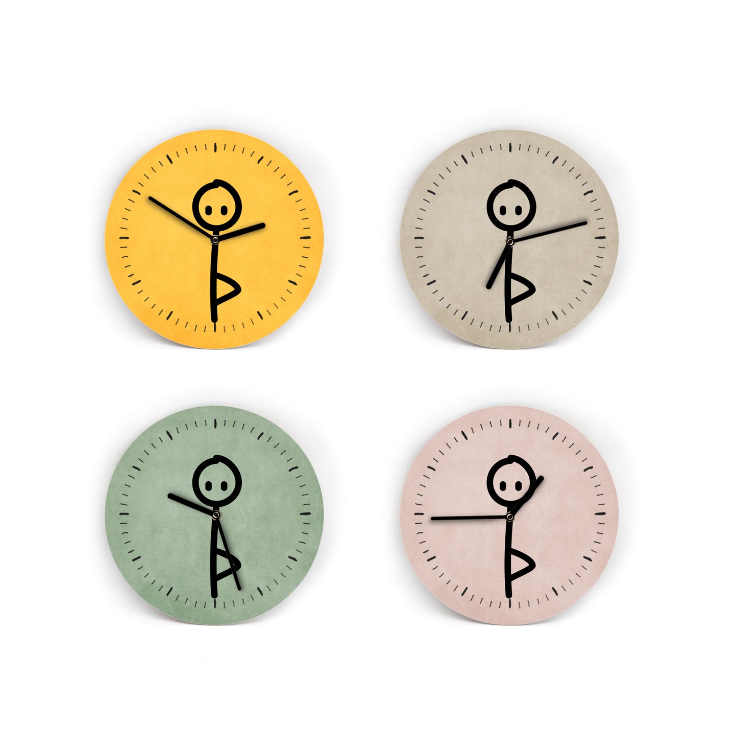 Wanduhr Yoga Figur - Zeiger sind Arme die sich bewegen - 23 cm Groß - Mit und ohne Striche und Zahlen - 12 Farbvarianten - Leises Uhrwerk
