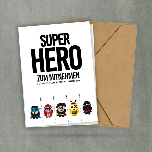 Postkarte - Abreißkarte - Superhero zum Mitnehmen - Superheld beschützt dich - Zum Aufhängen oder Verschenken - 2 Karten und 1 Umschlag