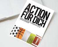 Abreisskarte - Action für Dich - Lustige Postkarte für Sportler - Fußball, Golf, Basketball, Tennis - Mit Namen - 2 Karten - 1 Umschlag