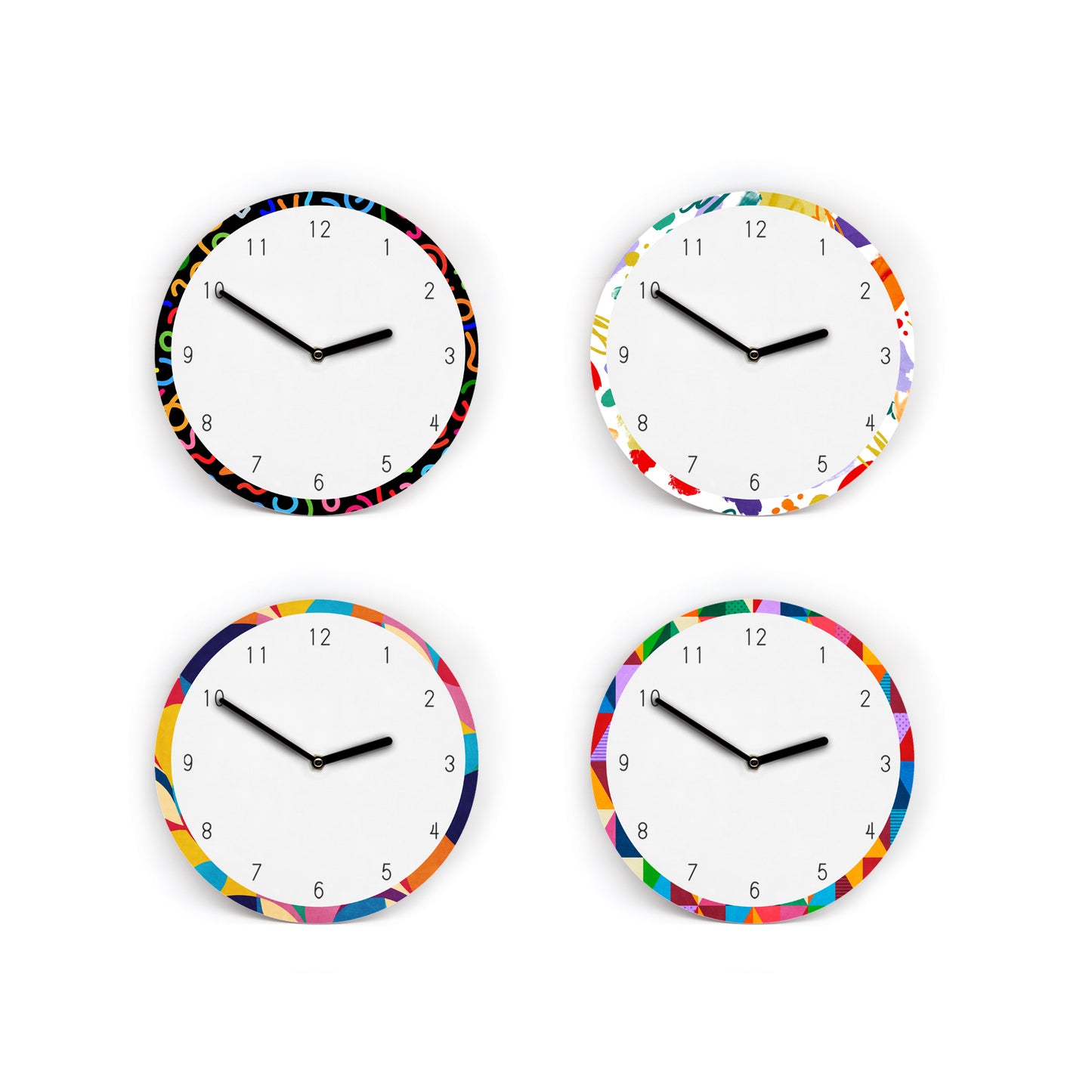Wanduhr mit bunter Bordüre - Mit und ohne Striche und Zahlen - Verschiedene farbenfrohe Muster - 3 Größen - Leises Uhrwerk