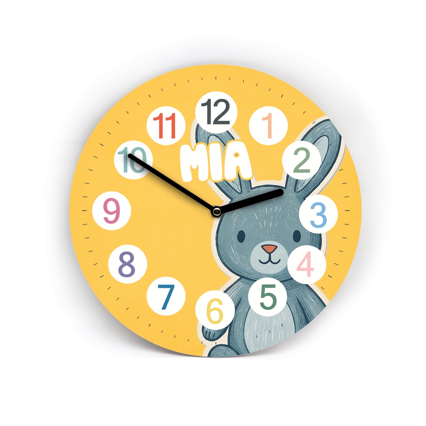Kinder Wanduhr Hase - Ohne Ticken - mit Namen - 3 Größen 20 Farben zur Auswahl - Kinderzimmer Uhr - Große Zahlen