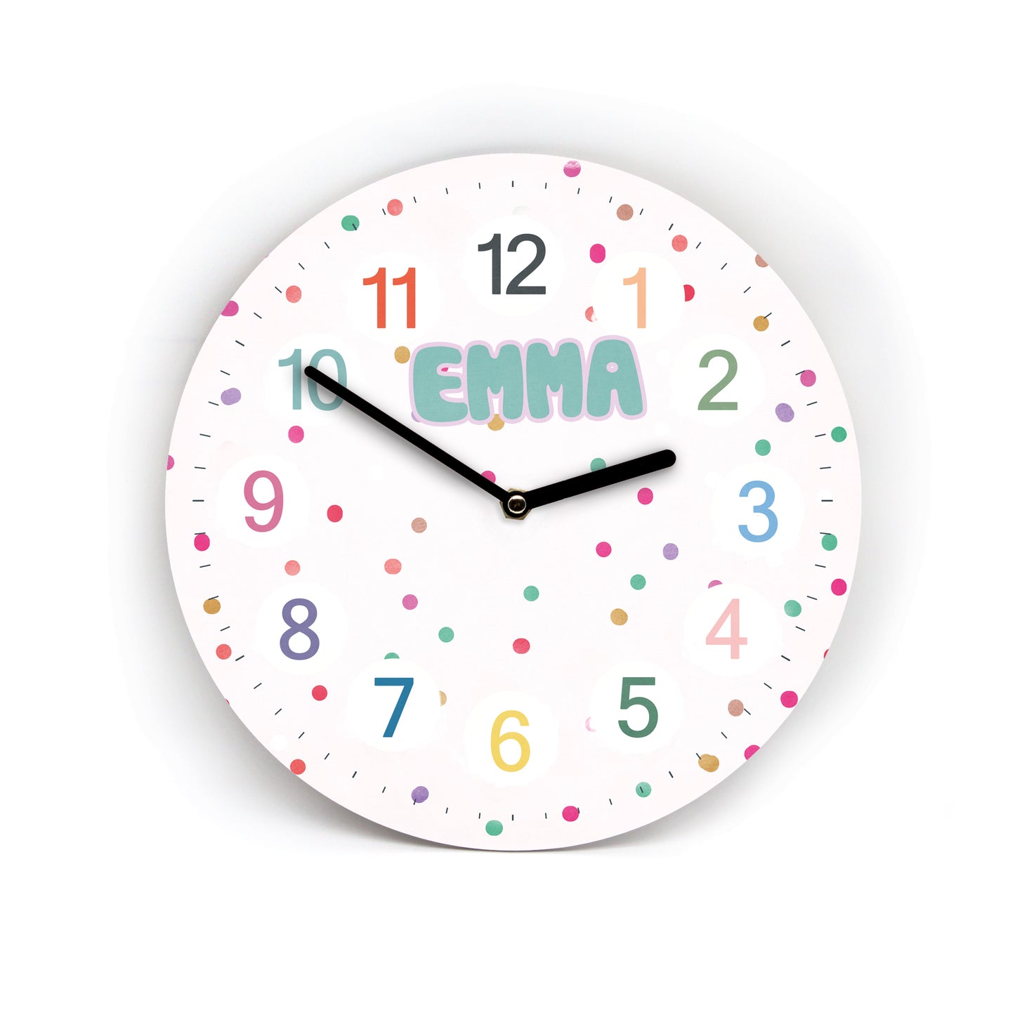 Kinder Wanduhr Color Dots Konfetti - Ohne Ticken - auf Wunsch mit Namen - 3 Größen - Kinderzimmer Uhr - Große Zahlen
