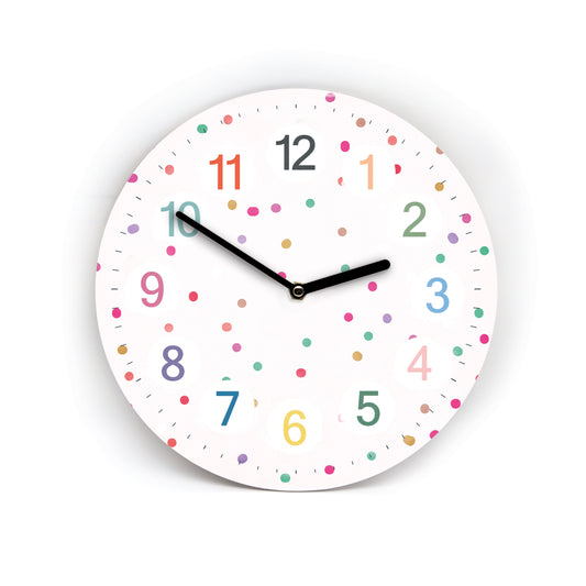 Kinder Wanduhr Color Dots Konfetti - Ohne Ticken - auf Wunsch mit Namen - 3 Größen - Kinderzimmer Uhr - Große Zahlen