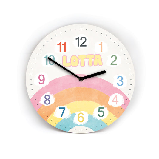 Kinder Wanduhr Regenbogen - Ohne Ticken - auf Wunsch mit Namen - 3 Größen - Kinderzimmer Uhr - Große Zahlen