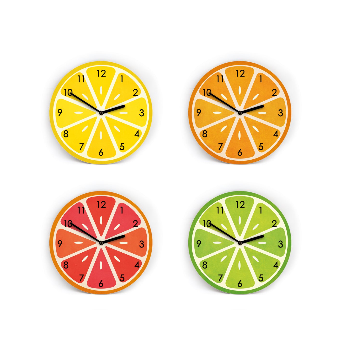 Wanduhr Zitrus - Orange Limette Zitrone Blutorange - Fruchtuhr mit klaren Zahlen - 3 Größen - Mini bis Groß - Küchenuhr - Leises Uhrwerk