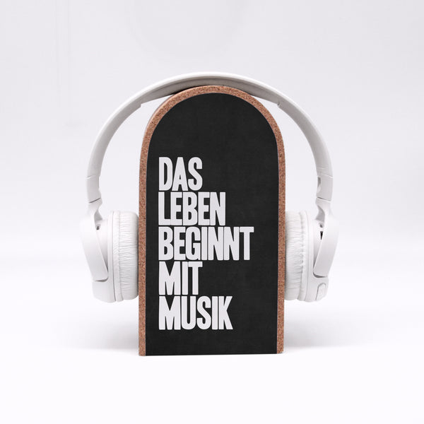 Kopfhörerhalter - LEBEN beginnt mit Musik - Massiv - Schöner und praktischer Platz für Kopfhörer - Farben wählbar - Schickes Design - Kork