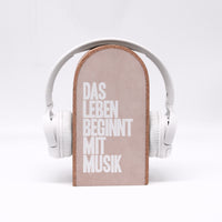 Kopfhörerhalter - LEBEN beginnt mit Musik - Massiv - Schöner und praktischer Platz für Kopfhörer - Farben wählbar - Schickes Design - Kork