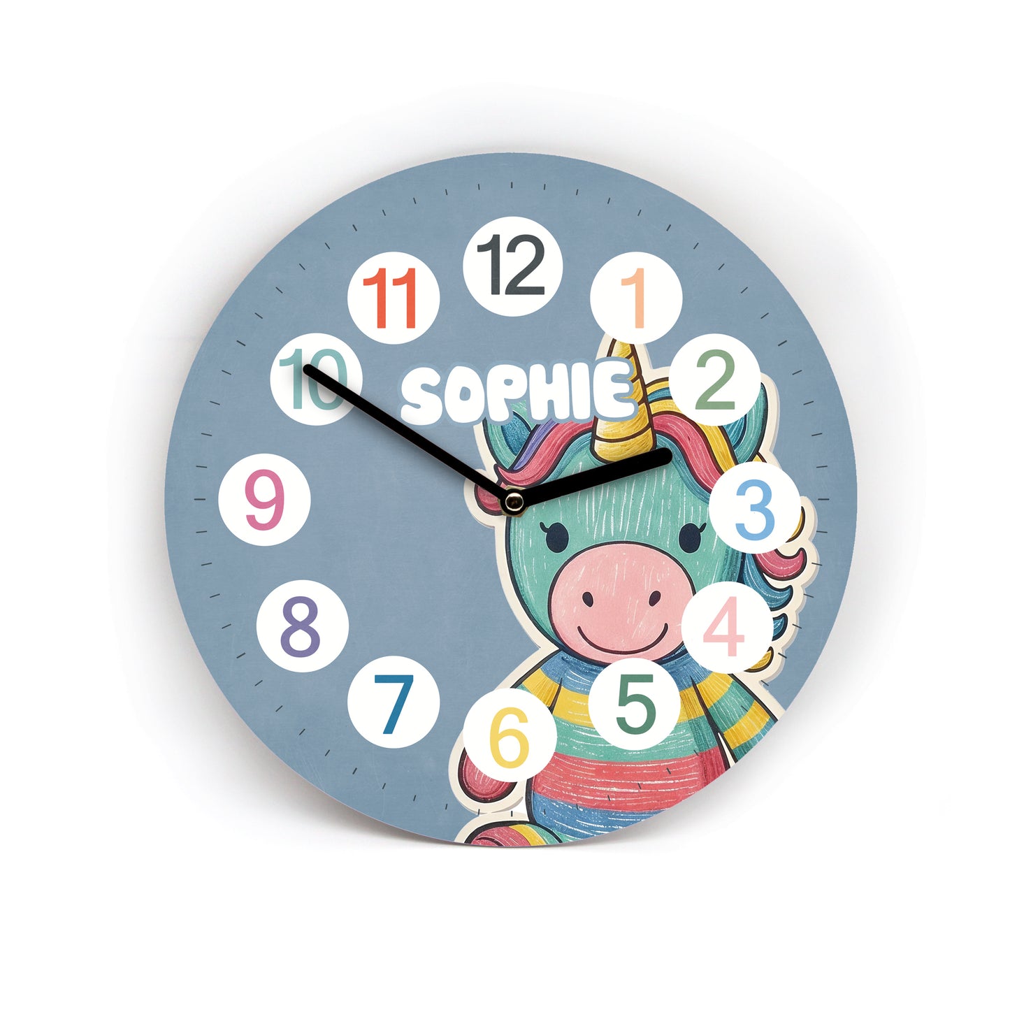 Kinder Wanduhr Einhorn - Ohne Ticken - mit Namen - 3 Größen 20 Farben zur Auswahl - Kinderzimmer Uhr - Große Zahlen