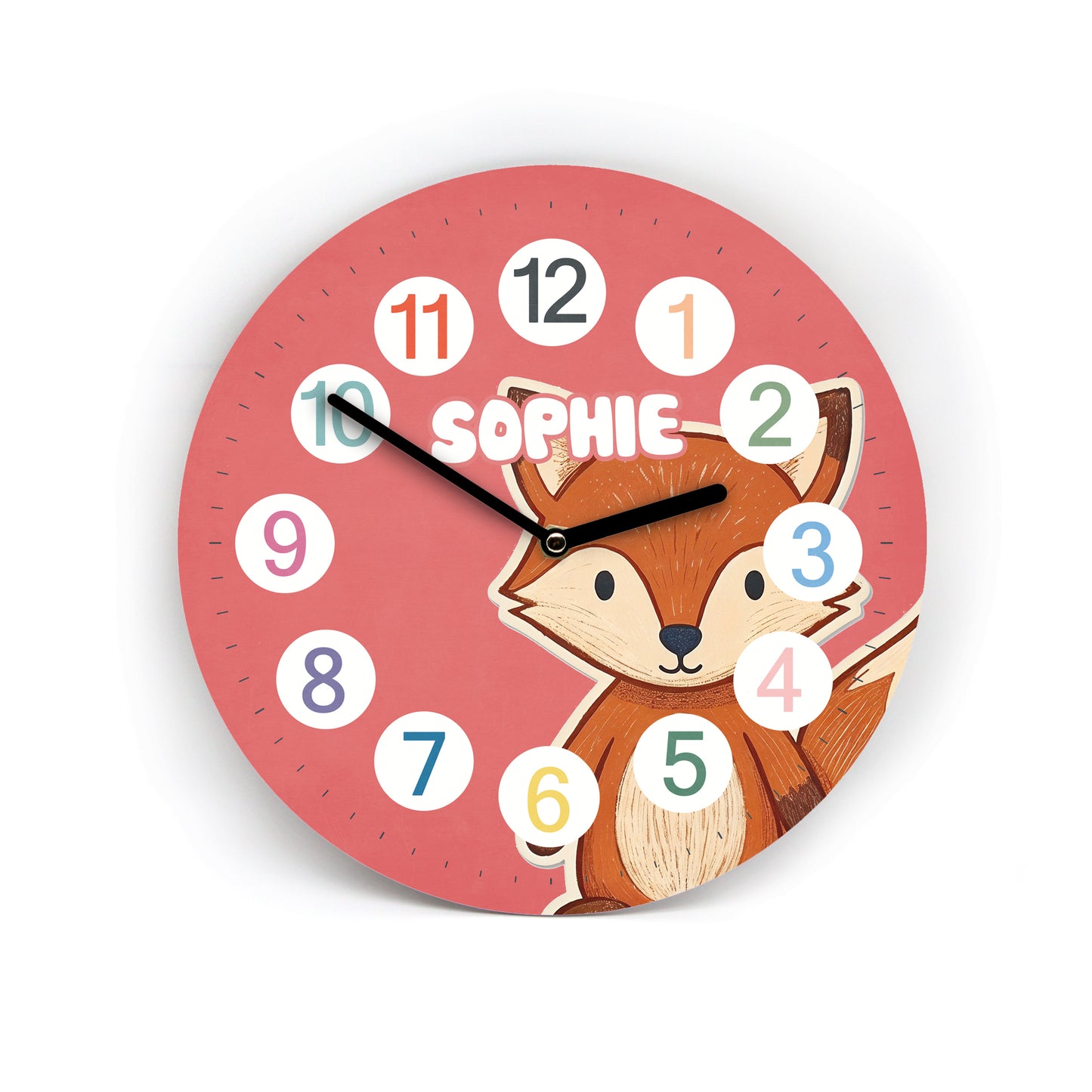Kinder Wanduhr Fuchs - Ohne Ticken - mit Namen - 3 Größen 20 Farben zur Auswahl - Kinderzimmer Uhr - Große Zahlen
