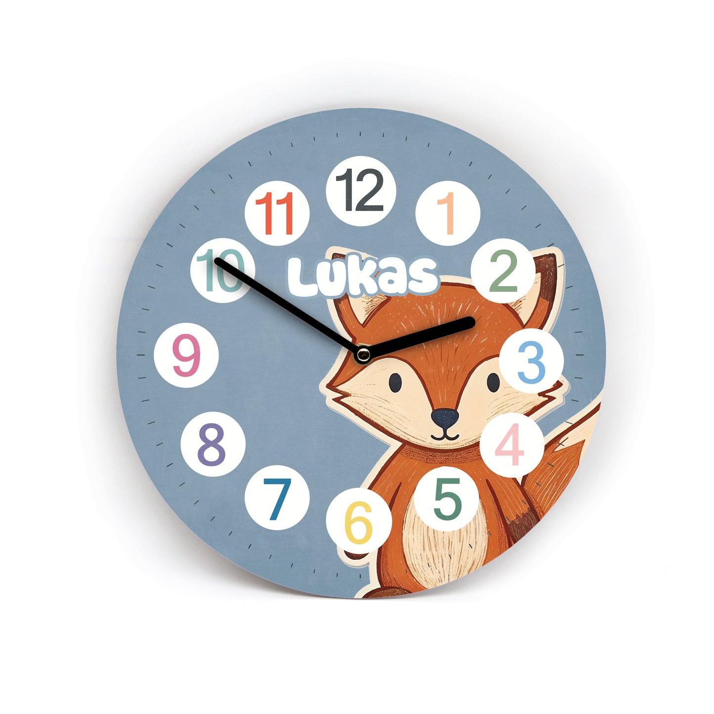 Kinder Wanduhr Fuchs - Ohne Ticken - mit Namen - 3 Größen 20 Farben zur Auswahl - Kinderzimmer Uhr - Große Zahlen