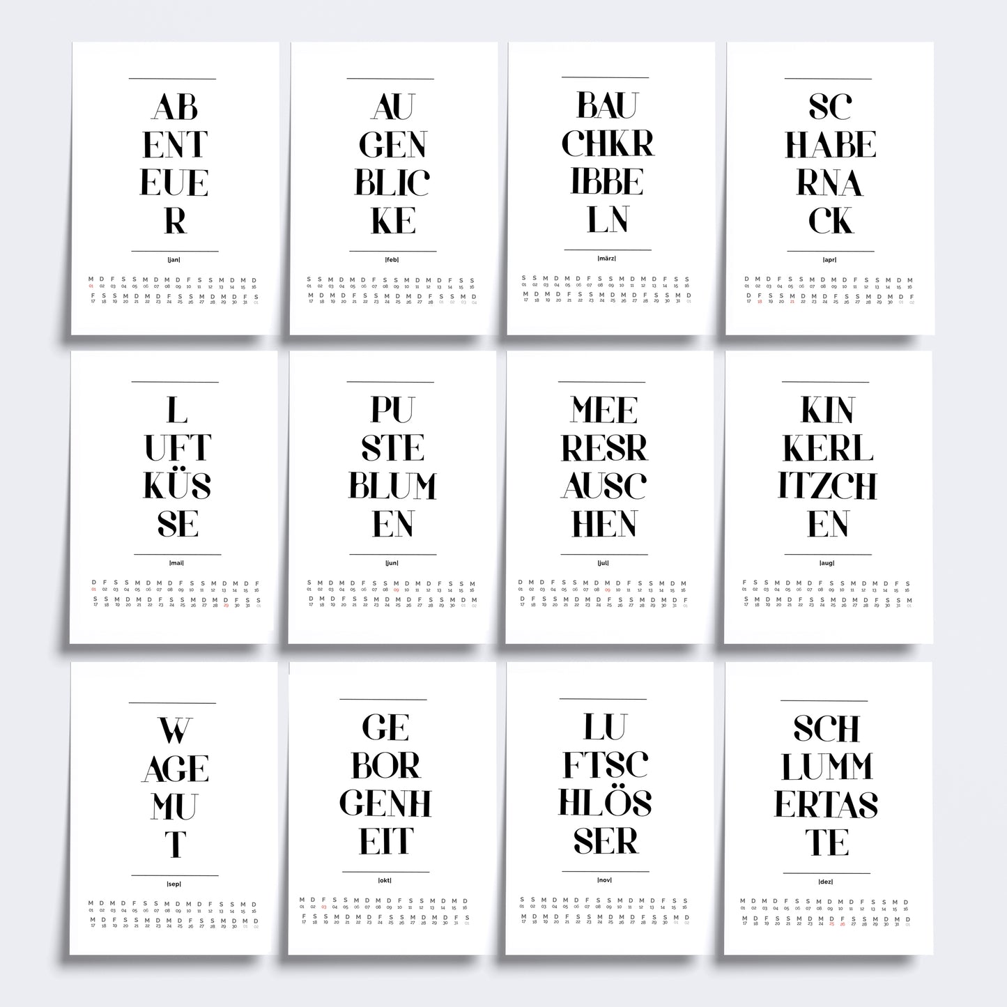 VERGISSMEINNICHT Kalender 2026 - Schöne Wörter - Größe A6 A5 A4 - Als Wandkalender oder Tischkalender - Schönes Geschenk - Einwort - Typo