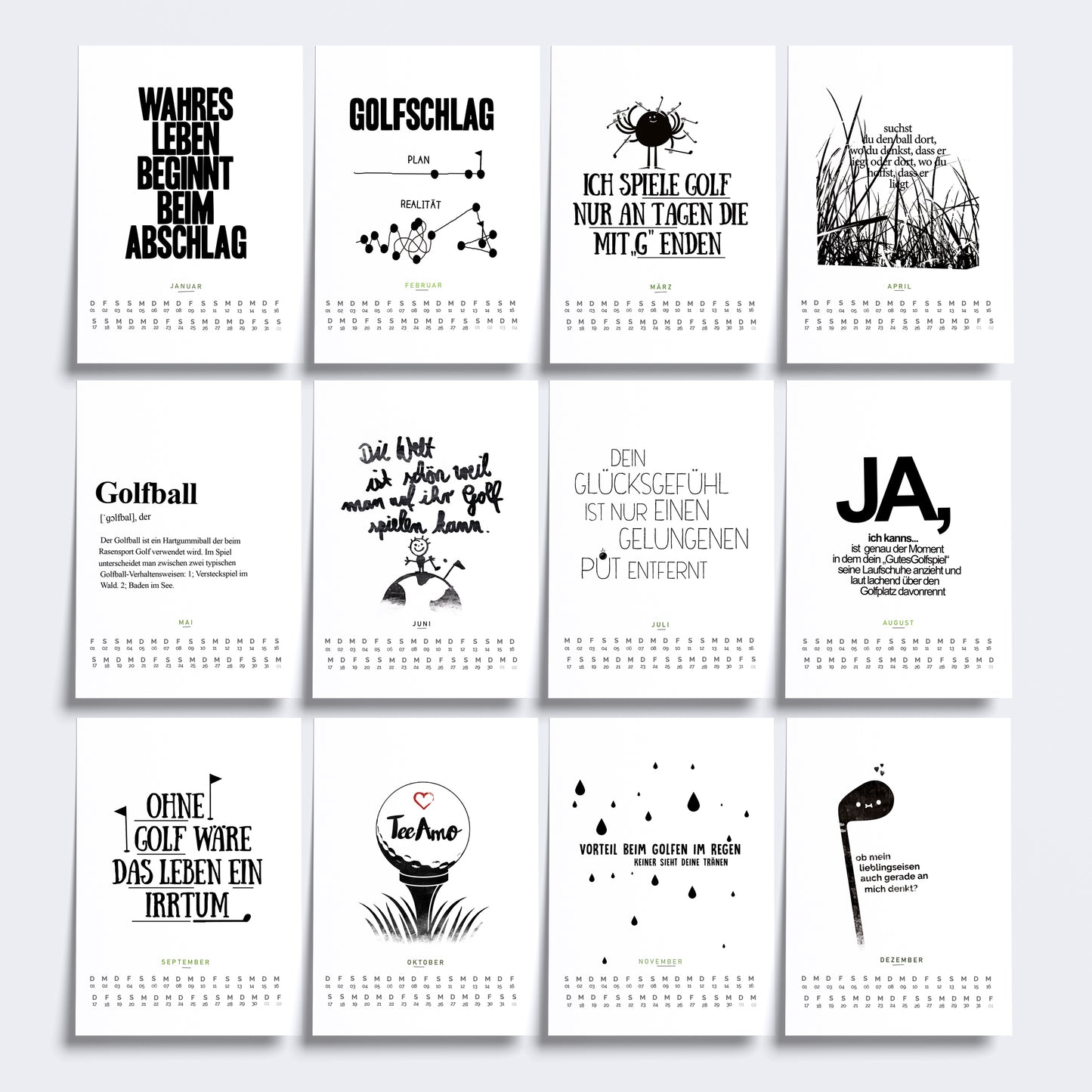Lustiger Golfkalender 2026 mit Sprüchen und Illustrationen - Tischkalender oder Wandkalender in 3 Größen - Witziges Geschenk für Golfer