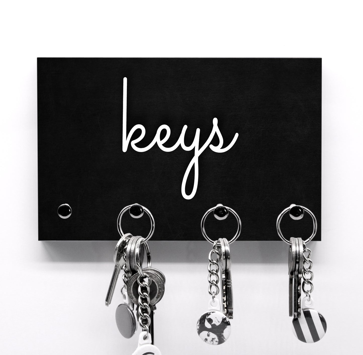 Schlüsselbrett Black Keys - Dunkles Schlüsselbrett mit Schriftzug in Weiß - Schöne Typo - Geschwungene Schrift - 3, 4 oder 5 Haken - Farbauswahl