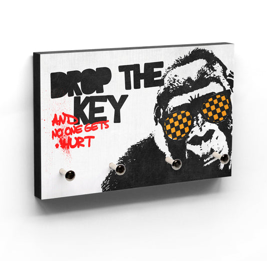 Schlüsselbrett Big Monkey - Drop the key and no one gets hurt - Lustige Ansage - Gorilla mit Sonnenbrille - Cooler Style - Deko Flur