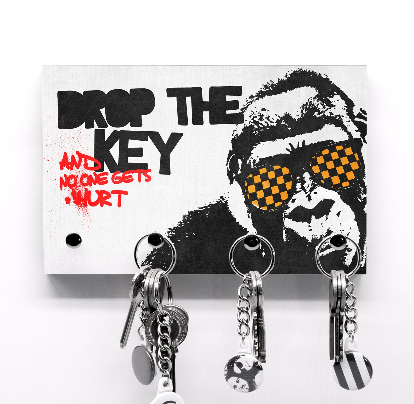 Schlüsselbrett Big Monkey - Drop the key and no one gets hurt - Lustige Ansage - Gorilla mit Sonnenbrille - Cooler Style - Deko Flur