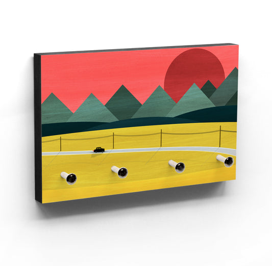 Schlüsselbrett mit Motiv - Journey - Geometrische Landschaft - Minimalistisch - Kräftige bunte Farben - Eyecatcher für Flur - Haken variabel