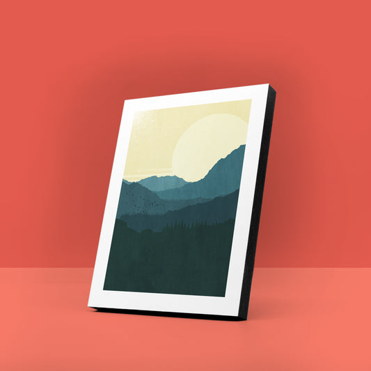 Holzbild - Natur Berge Illustration Design - Schöne Gestaltung - Ruhige Deko - Moderne Grafik - 3 Größen - Landschaftsbild