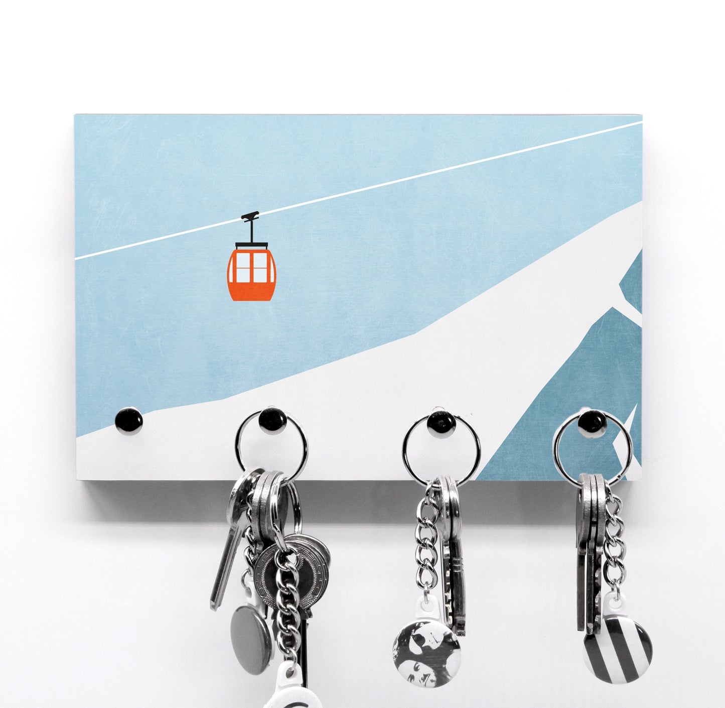 Alpines Schlüsselbrett - Hakenanzahl wählbar 3 - 5 - Gondel Motiv - Blick in die Berge Illustration - Sehnsucht Alpen - Hakenleiste Flur