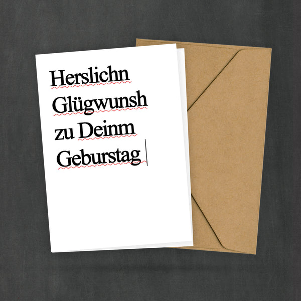 Lustige Geburtstagspostkarte - Herslichn Glügwunsh - Betrunken getippt - Für Freunde - Feiern - Typo Style - 2 Karten und 1 Umschlag
