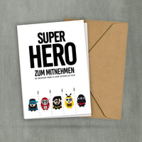 Postkarte - Abreißkarte - Superhero zum Mitnehmen - Superheld beschützt dich - Zum Aufhängen oder Verschenken - 2 Karten und 1 Umschlag