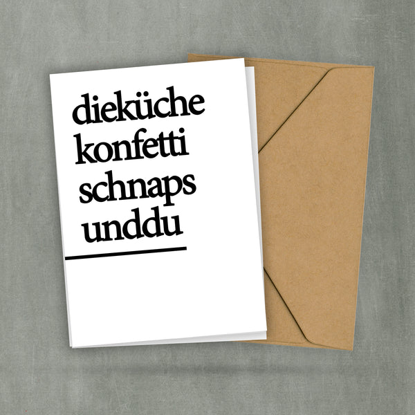 Postkarte - Die Küche Konfetti Schnaps und Du - Bestes Leben - Spontan - Romantik Pur - Frische Liebe - Typocard - 2 Karten und 1 Umschlag