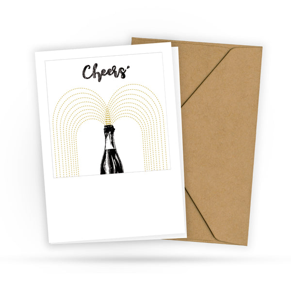 Retro Glückwunschkarte - Cheers - Sekt - Postkarte für verschiedene fröhliche Anlässe - Korken knallen lassen - 2 Karten - 1 Umschlag