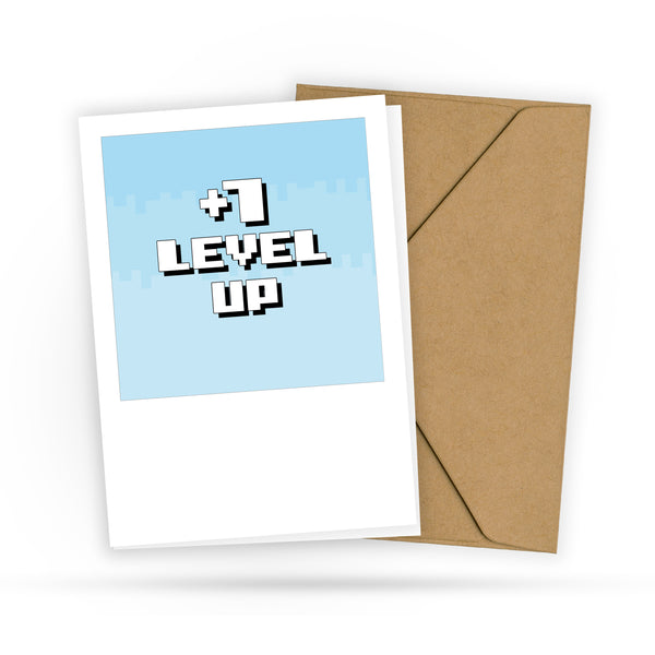 Nerdige Geburtstagskarte - 1 Level Up - Lustige Karte für Gamer Zocker Videospieler Mann und Frau - Retrostyle Geek - 2 Karten - 1 Umschlag