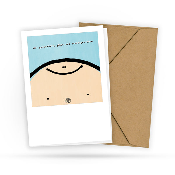 Süße Glückwunschkarte - Gesundheit Glück und sonstigen Kram - Postkarte für Freunde u Kollegen - Witzig netter Spruch - 2 Karten 1 Umschlag