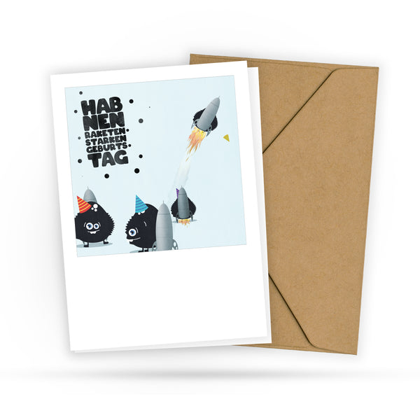 Geburtstagskarte - Hab einen Raketenstarken Geburtstag - Postkarte für Freunde und Kinder - Geschenk vorbeibringen - 2 Karten und 1 Umschlag