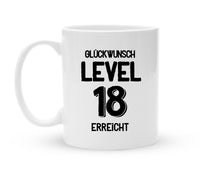 Tasse zum 18. Geburtstag - Level 18 erreicht - Kaffeebecher zum Schmunzeln - 325 ml - Handmade