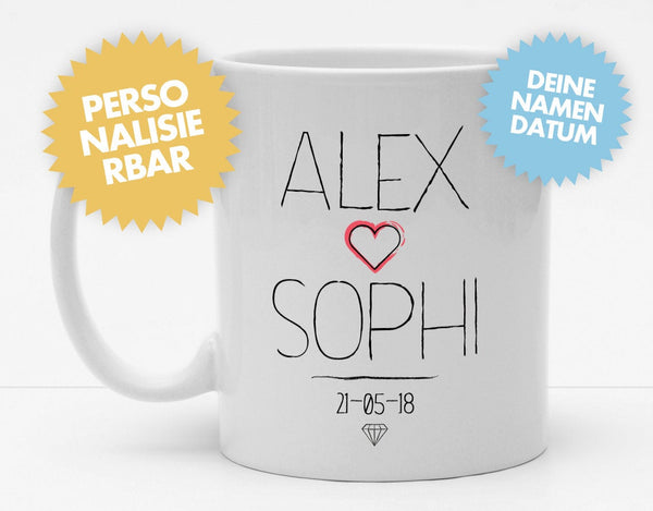 Personalisierbare Tasse mit Namen - Hochzeitsdaten - 325ml - Handmade