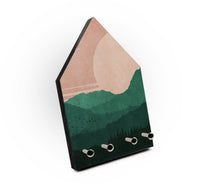 Schlüsselbrett - Landsacape Mountain - Hausform - 4 Haken - Grafik Berge - Farbe Grün und Beige - Handmade