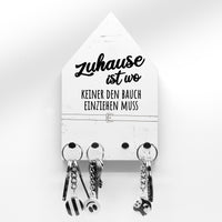 Schlüsselbrett - Zuhause ist wo keiner den Bauch einziehen muss - Hausform - 4 Haken - Lustiger Zuhause Spruch - Gemütlich - Handmade