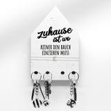 Schlüsselbrett - Zuhause ist wo keiner den Bauch einziehen muss - Hausform - 4 Haken - Lustiger Zuhause Spruch - Gemütlich - Handmade