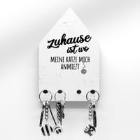Schlüsselbrett - Zuhause ist wo meine Katze mich anmiezt - Hausform - 4 Haken - Katzenliebhaber - Katzen Mama Papa - Handmade